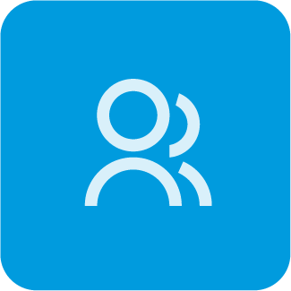 a white icon of people in a blue box